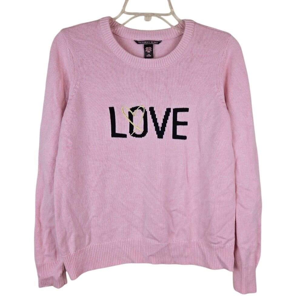 Victoria's Secret Love Sweater L Cashmere Blend Pink Black Embroidered Heart